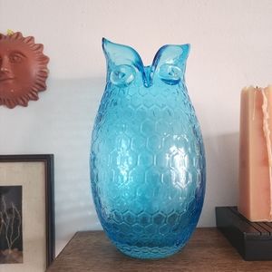 MCM Large Blue Honeycomb Art Glass Owl Vase